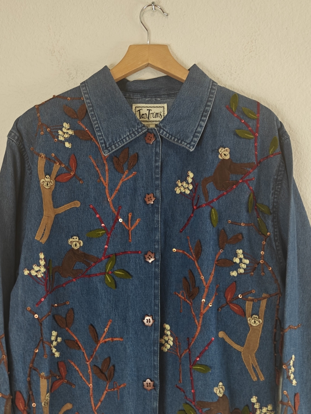 VTG 90s Tantrums Monkey Embroidered Denim Button Up Beaded Sequin Tree Cotton M - Picture 3 of 14